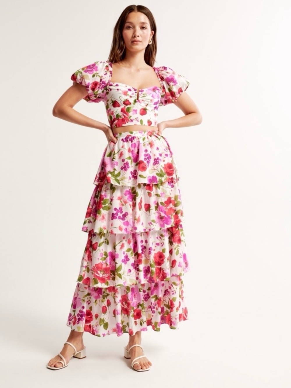 Abercrombie & Fitch Drama Floral Puff Shirt & Tiered Maxi Skirt